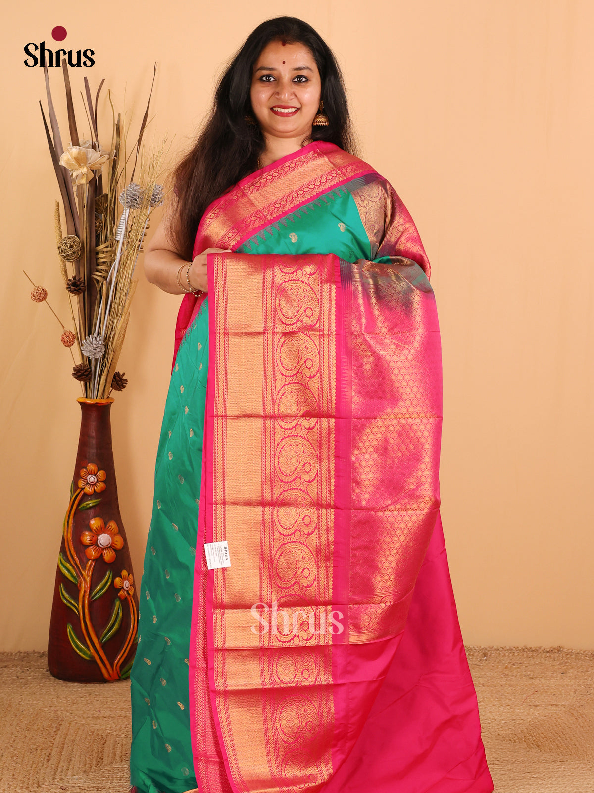 Rama Green with pink-Gadwal Half pure Saree - DDS04026 - Shop on Shrus.com