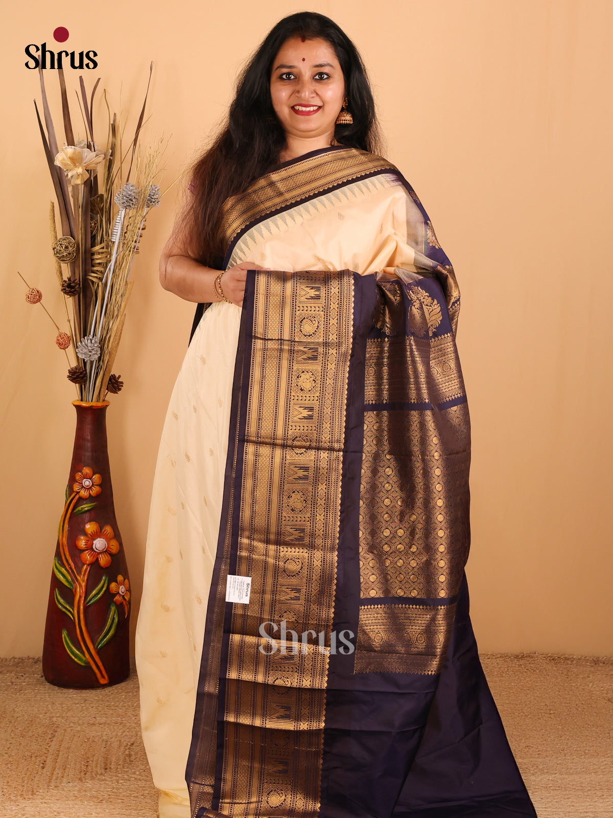 Sandal with Dark navy blue-Gadwal Half pure Saree - DDS04029 - Shop on Shrus.com