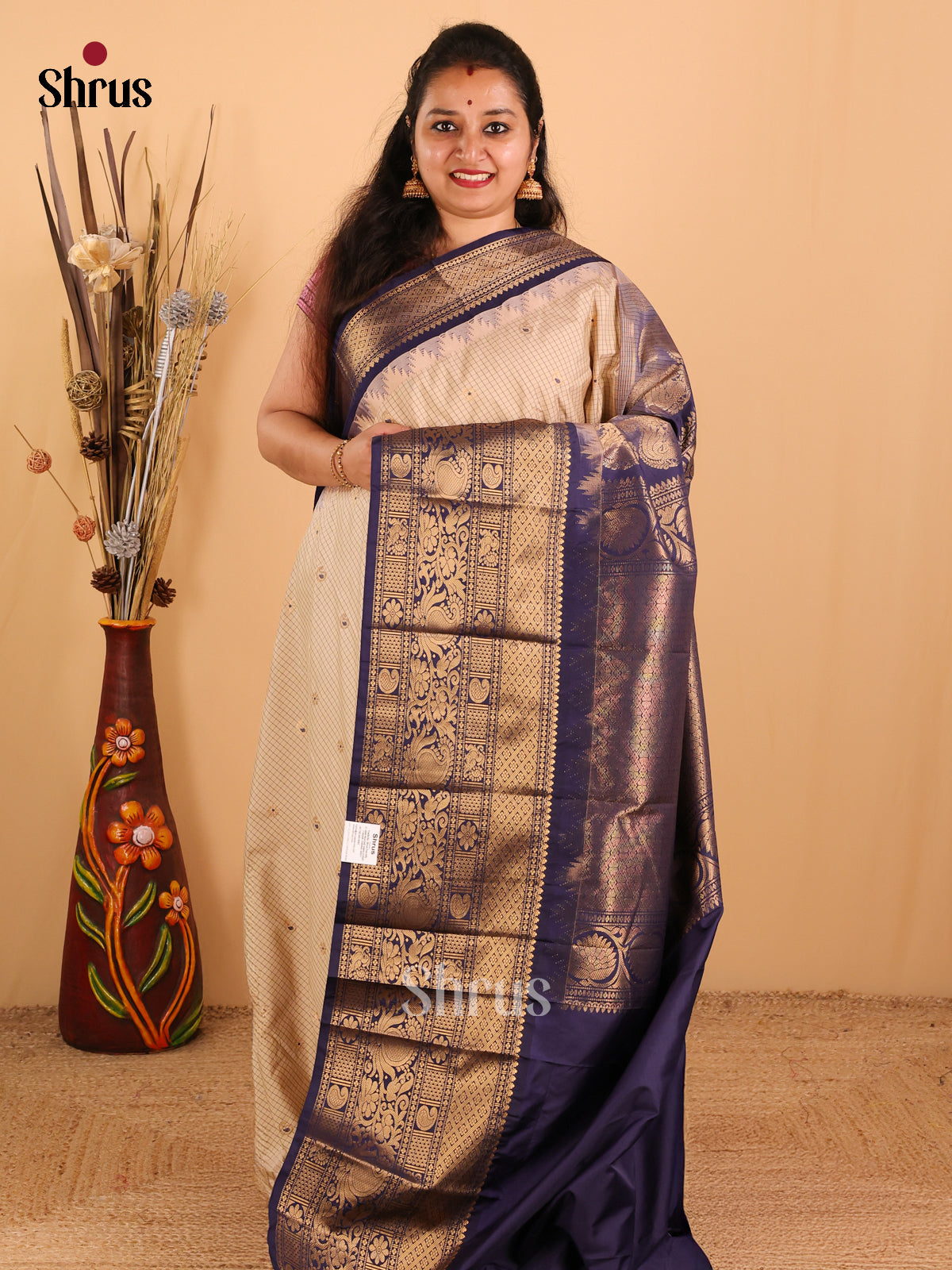 Light Beige with Navy Blue-Gadwal Half pure Saree - DDS04040 - Shop on Shrus.com