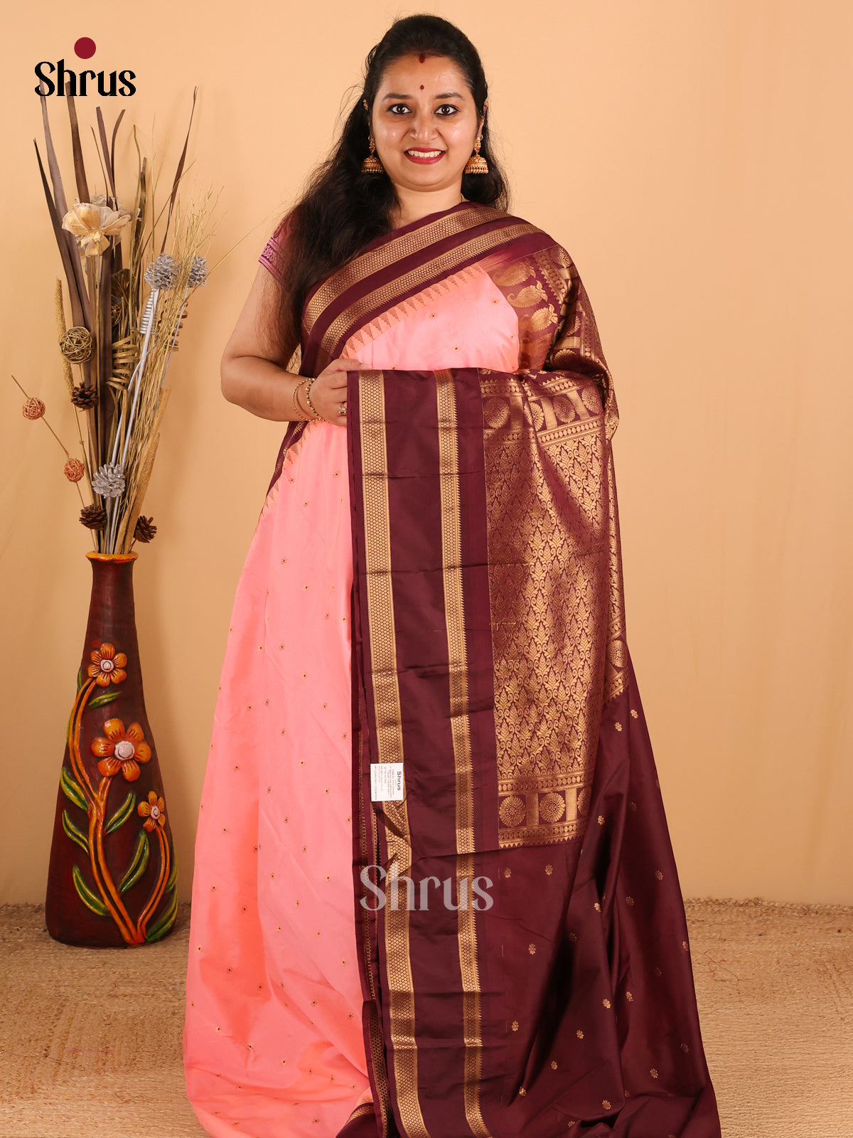 Peach pink with Brown-Gadwal Half pure Saree - DDS04048 - Shop on Shrus.com
