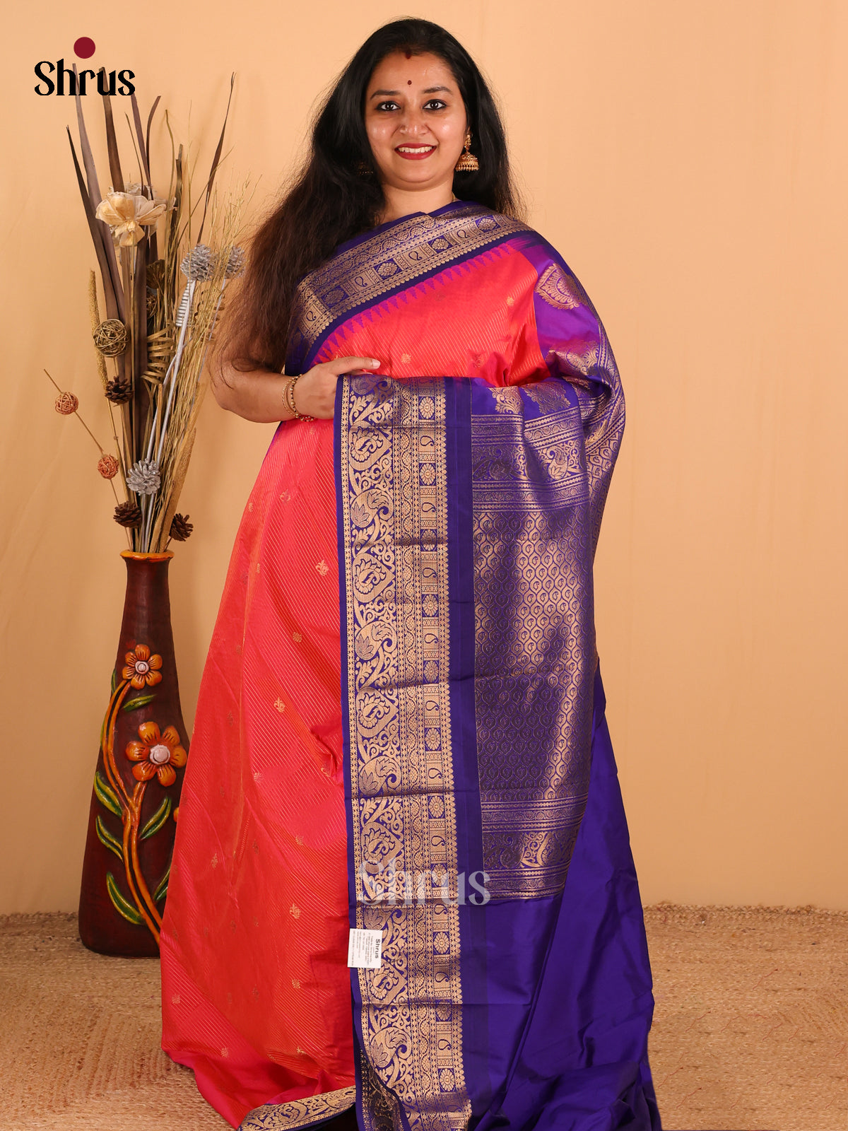 Pinkish Orange with Royal Blue-Gadwal Half pure Saree - DDS04069 - Shop on Shrus.com