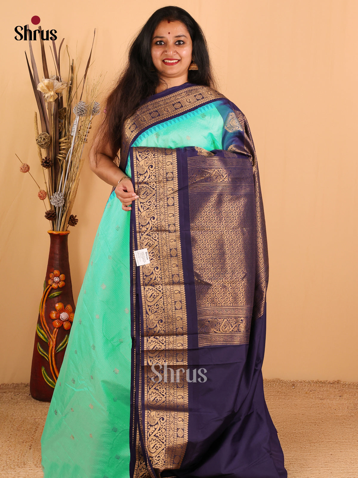 Mint Blue with Navy Blue-Gadwal Half pure Saree - DDS04074 - Shop on Shrus.com
