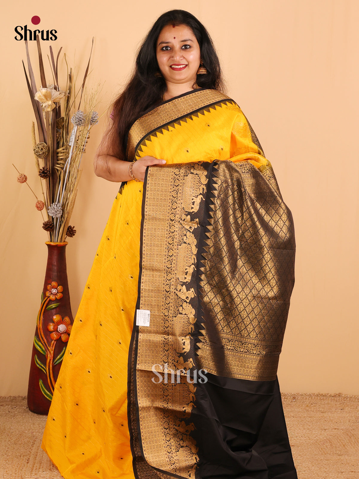 Yellow with Black-Gadwal Half pure Saree - DDS04090 - Shop on Shrus.com