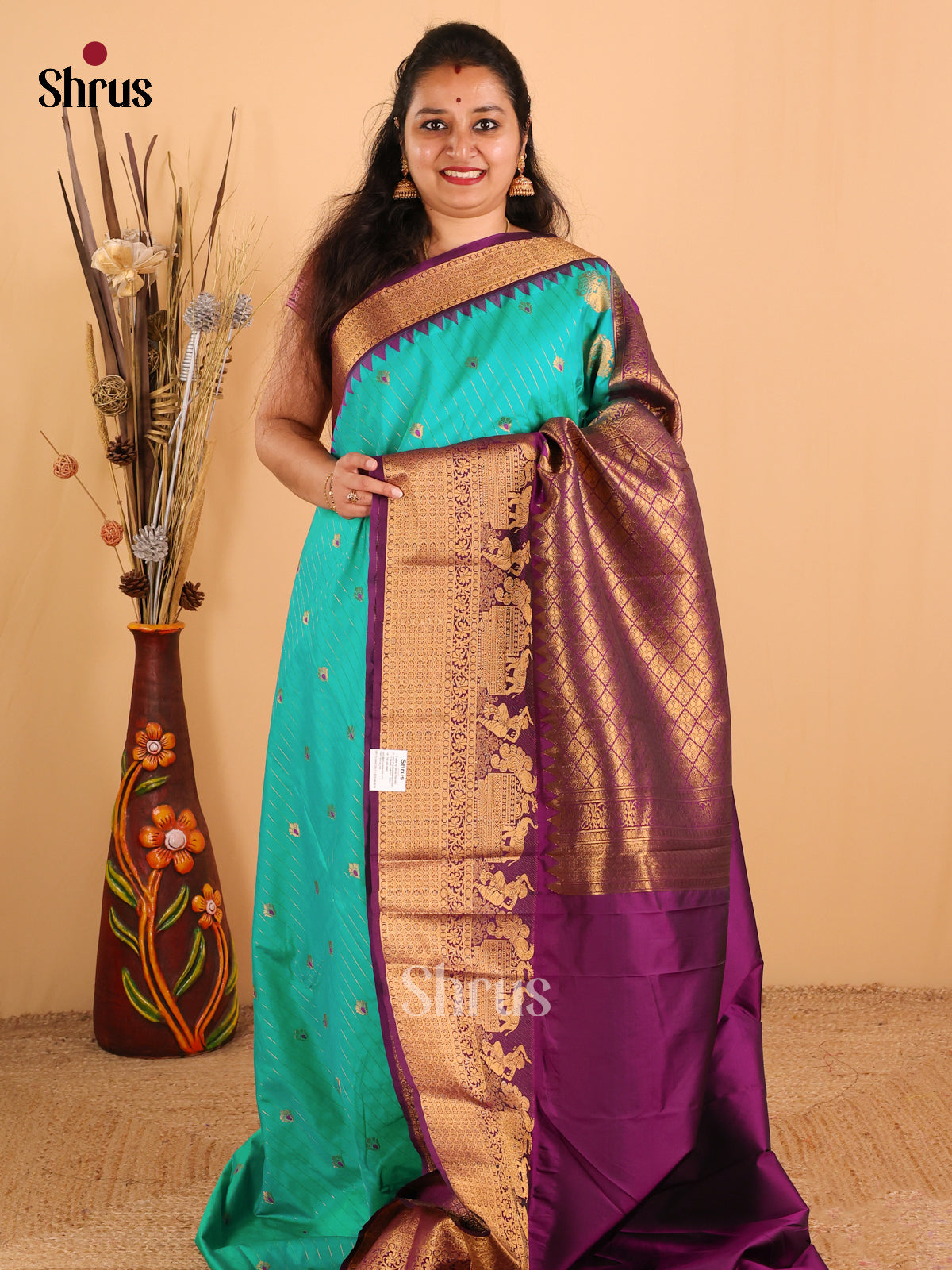 Rama Blue with Purple-Gadwal Half pure Saree - DDS04091 - Shop on Shrus.com