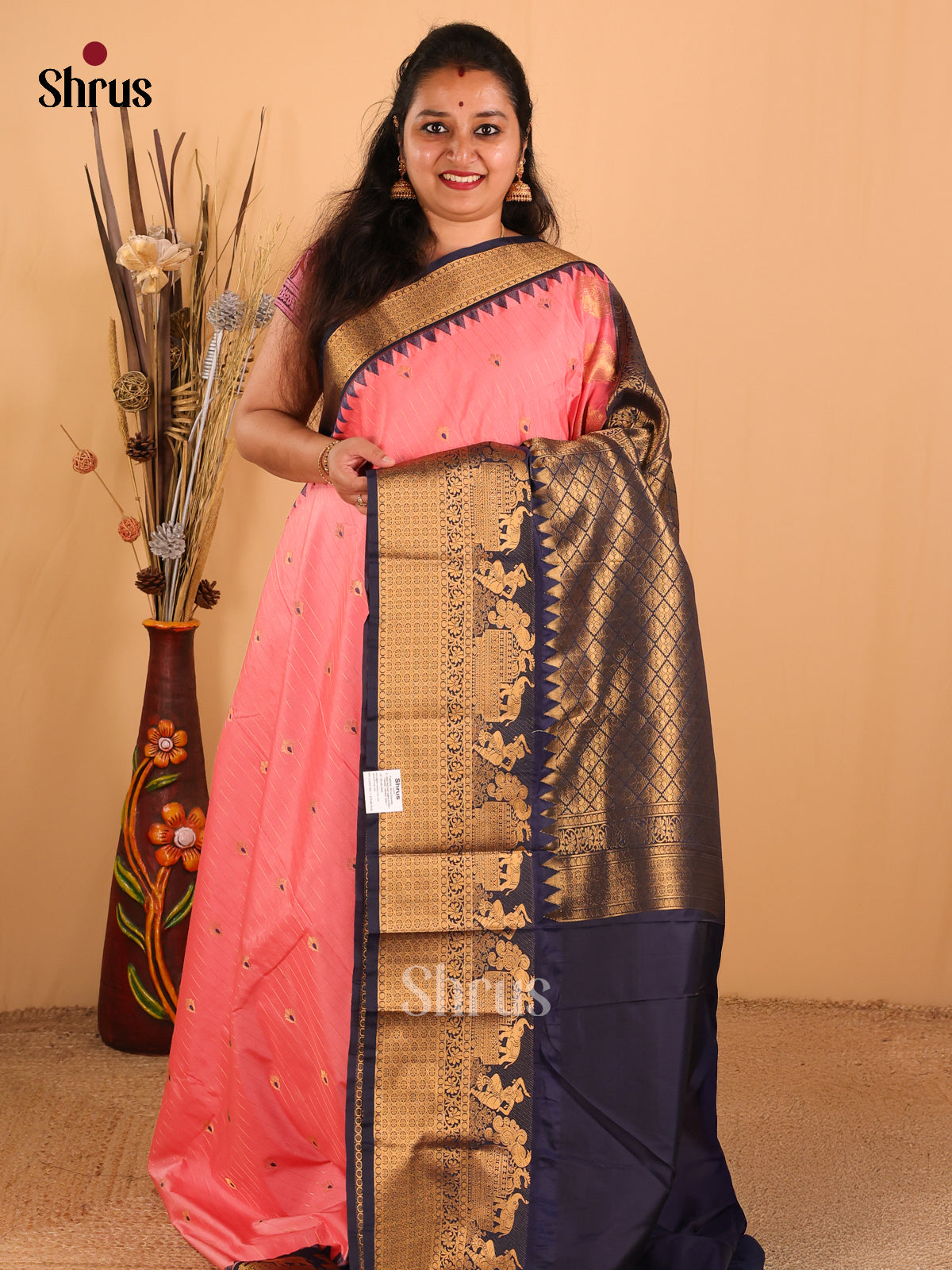 Peach with Navy Blue-Gadwal Half pure Saree - DDS04092 - Shop on Shrus.com