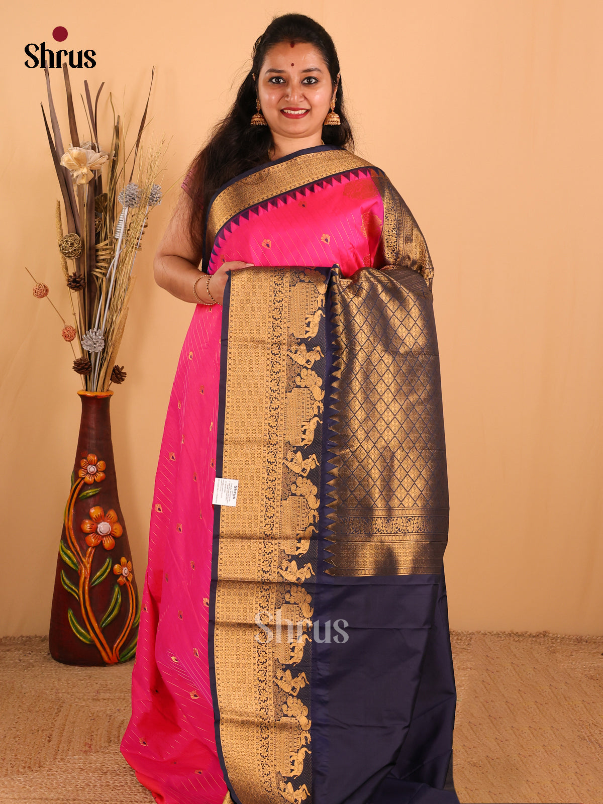 Pink with Navy Blue-Gadwal Half pure Saree
