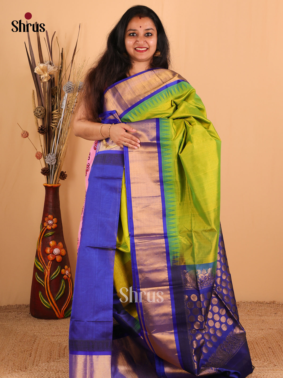 Parrot Green with Royal Blue-Silk Cotton Saree - DDS05008 - Shop on Shrus.com