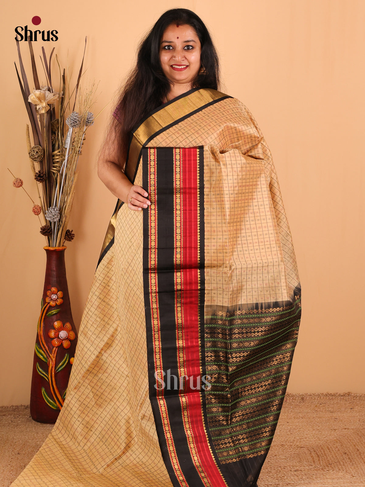Ethreal Sandal And Black Silk Cotton Saree With Beautifully Woven Checks and Buttas Across The Body And Rettaipet Border - Shop on Shrus.com
