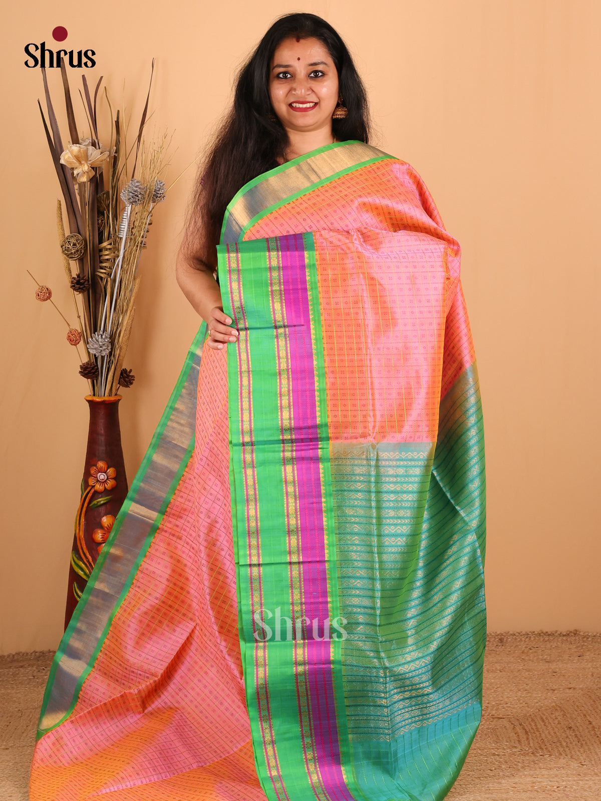 Serene Peach And Teal Green Silk Cotton Saree With Beautifully Woven Checks and Buttas Across The Body And Rettaipet Border - Shop on Shrus.com