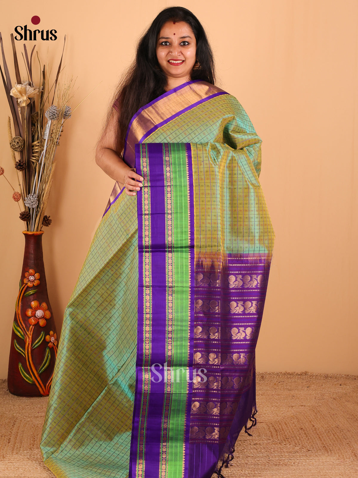 Dual Tone Green And Violet Silk Cotton Saree With Beautifully Woven Checks and Buttas Across The Body And Rettaipet Border - Shop on Shrus.com
