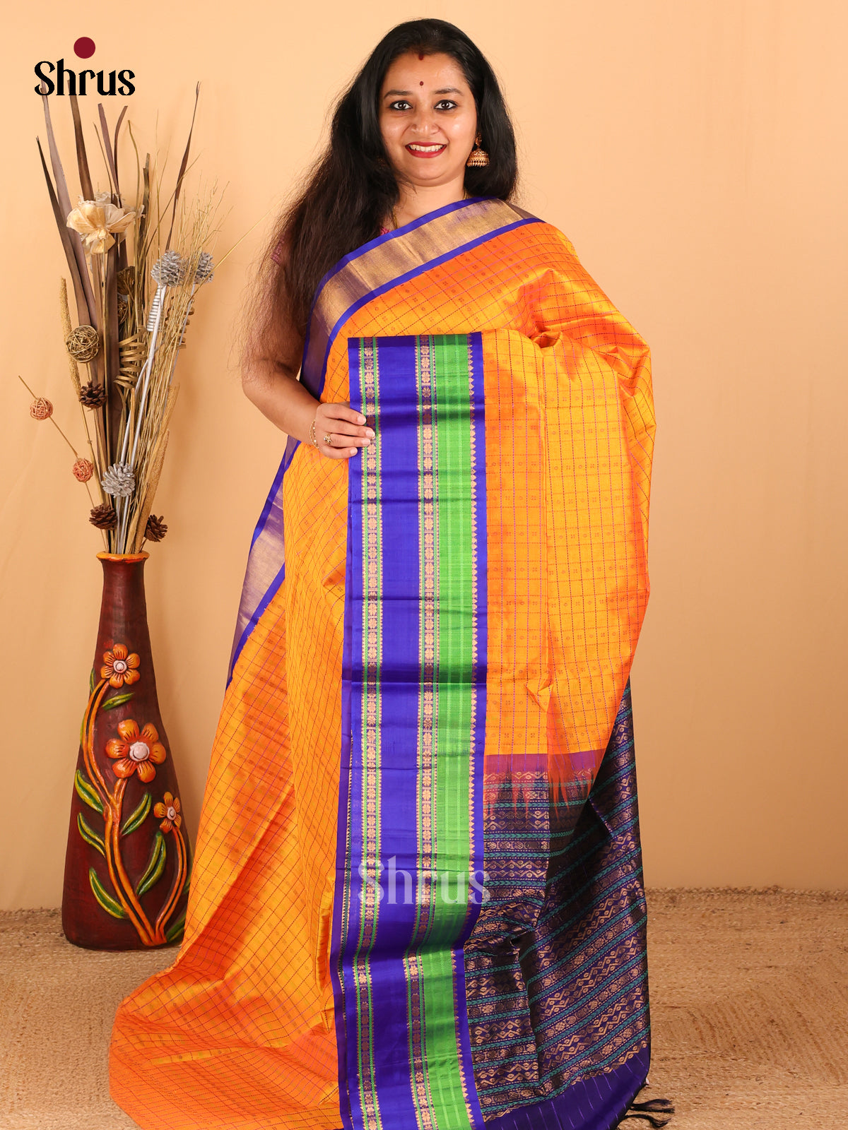 Vibrant Orange And Royal Blue-Silk Cotton Saree With Beautifully Woven Checks and Buttas Across The Body And Rettaipet Border - Shop on Shrus.com