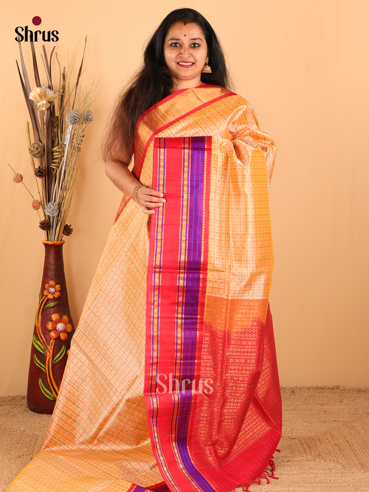Gold And Red Silk Cotton Saree With Beautifully Woven Checks and Buttas Across The Body And Rettaipet Border - Shop on Shrus.com