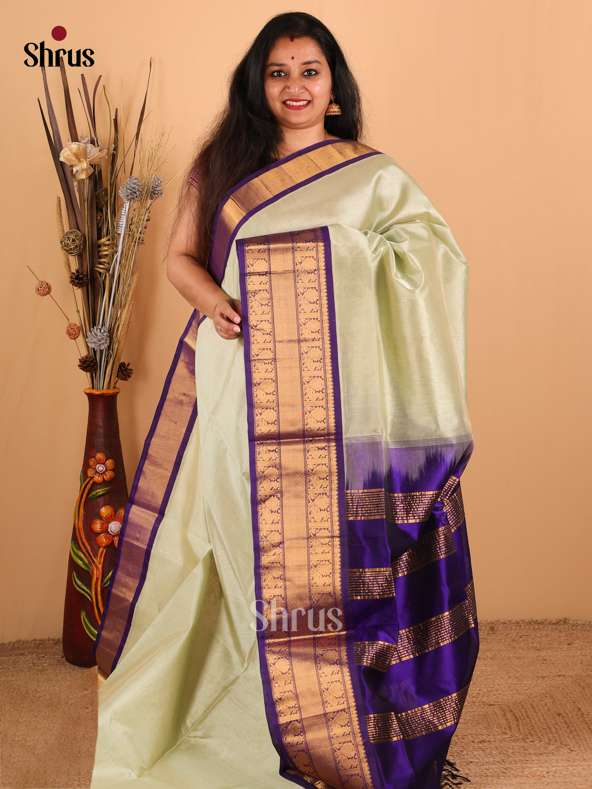 Pastel Green And Royal Blue Silk Cotton Saree With Beautifully Woven Stripes Across The Body And Peacock Motifs in The Border - Shop on Shrus.com