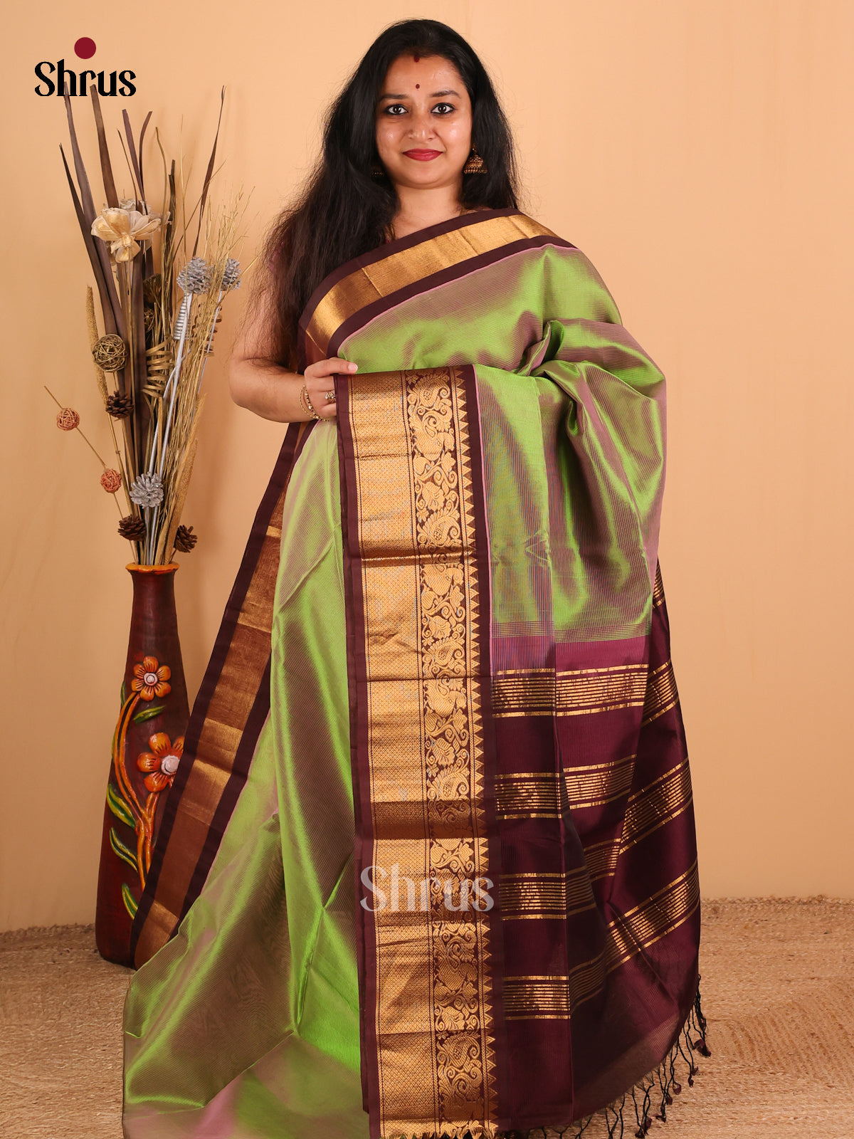 Dual Tone Green And Maroon Silk Cotton Saree With Beautifully Woven Stripes Across The Body And Peacock Motifs in The Border - Shop on Shrus.com