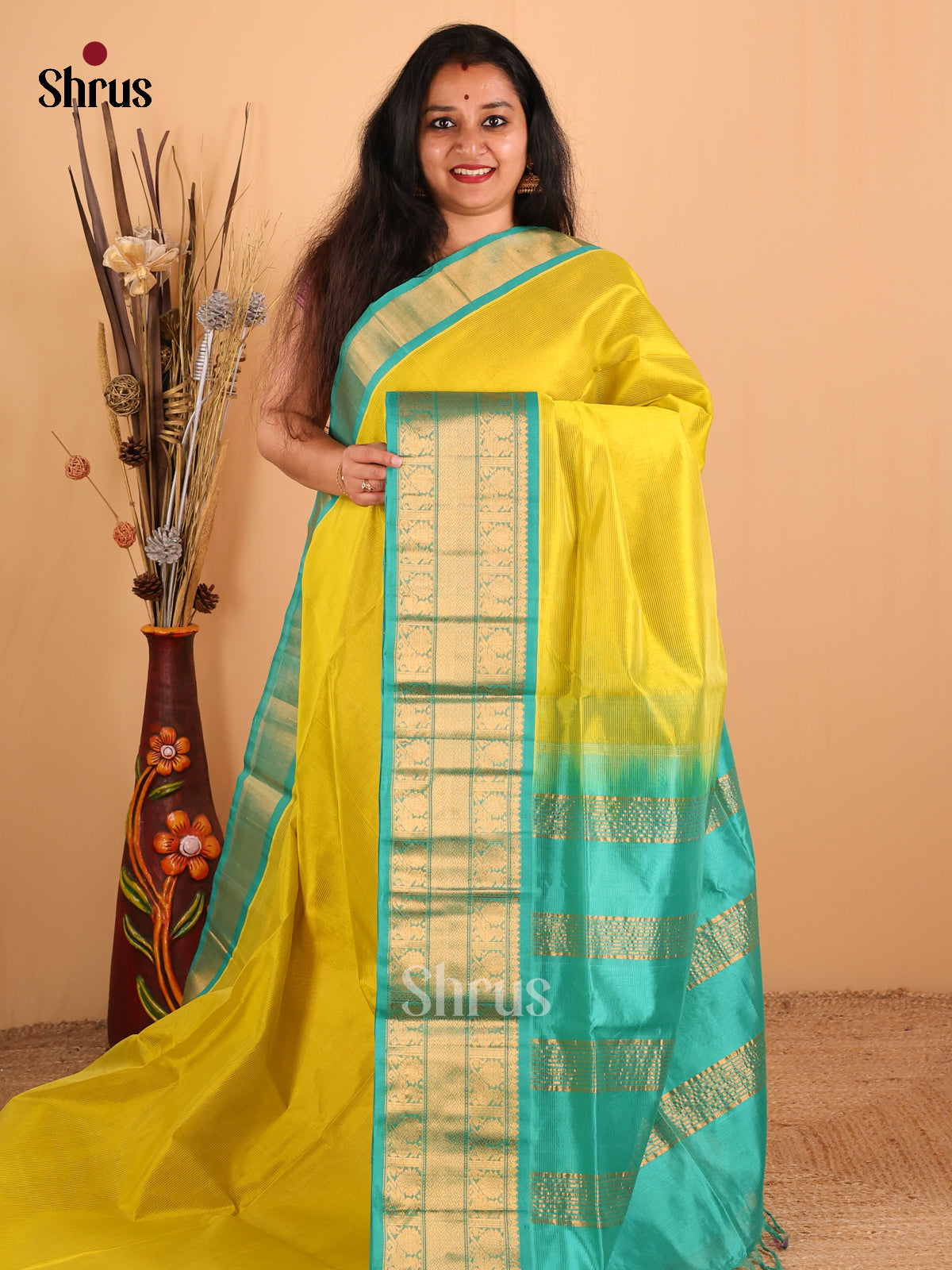 Lime yellow with Teal Green-Silk Cotton Saree- DDS05028 - Shop on Shrus.com