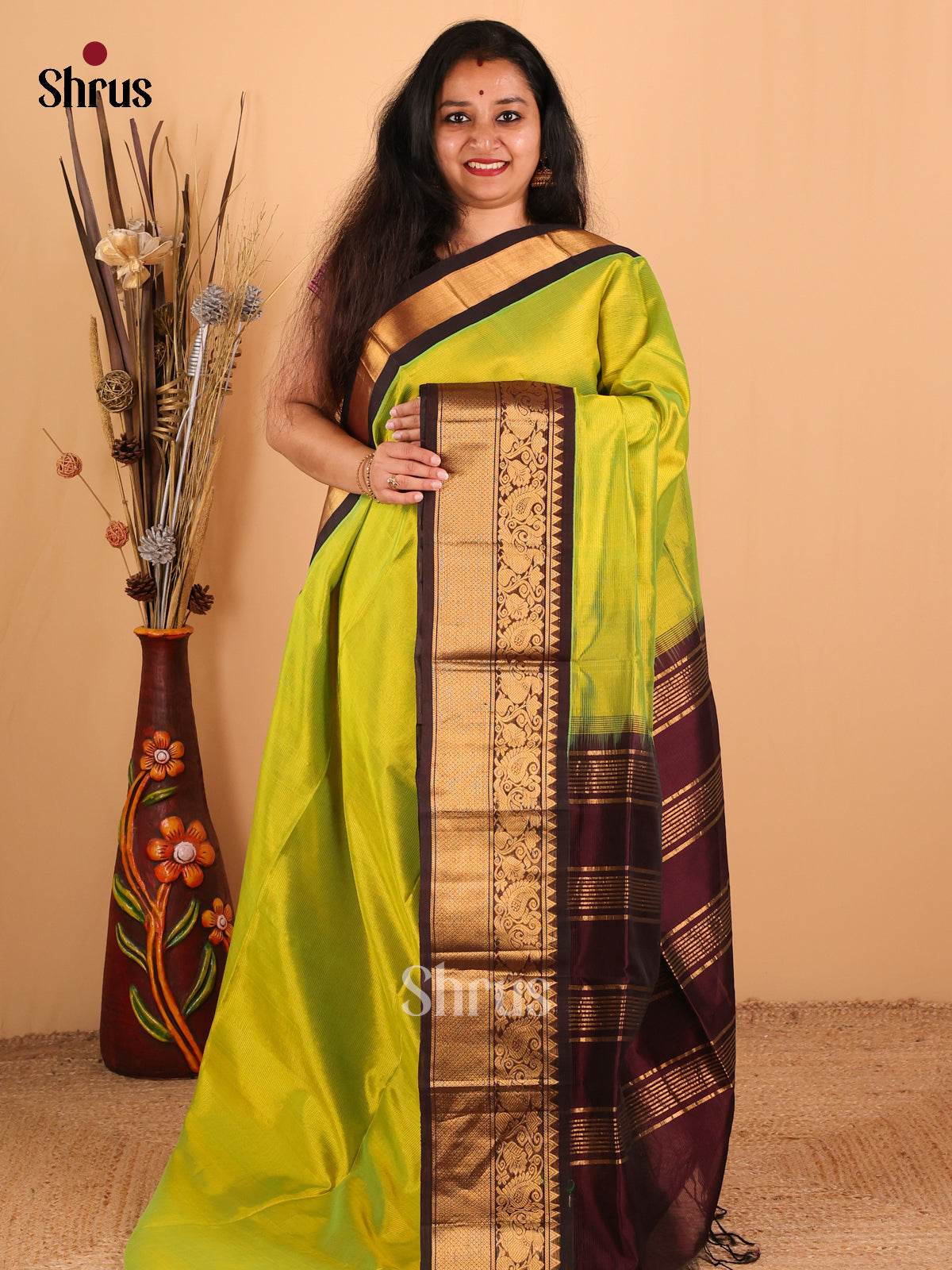 Vibrant Parrot Green And Brown Silk Cotton Saree With Zari Woven Stripes Across The Body And Peacock Motifs in The Border - Shop on Shrus.com