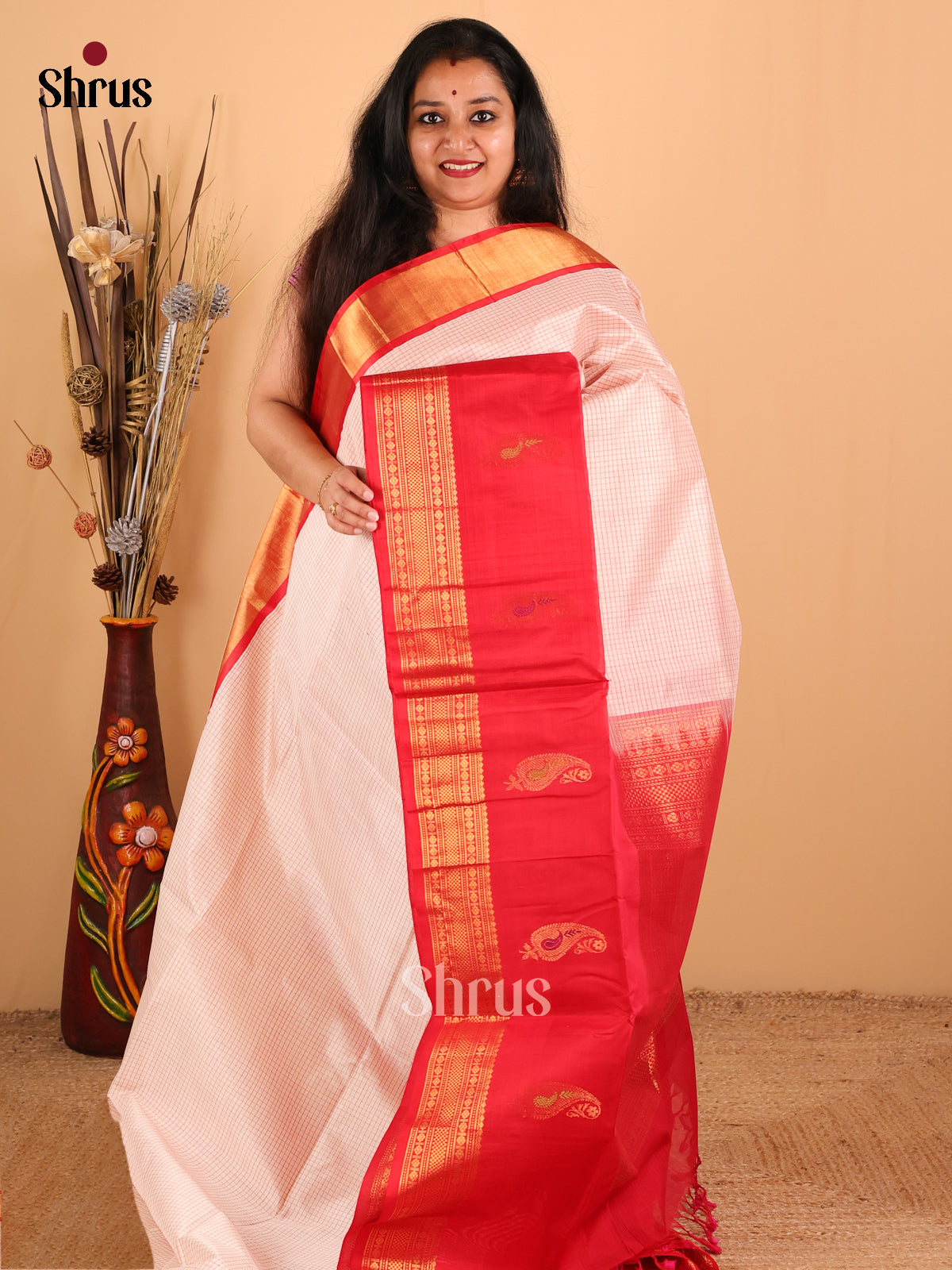 Majestic White And Red Silk Cotton Saree With Intricately Woven Checks Across The Body And Manga Motifs in The Border - Shop on Shrus.com