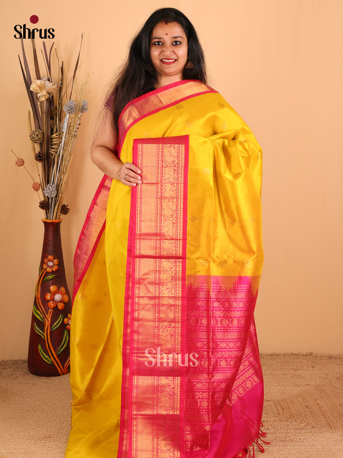 Lime Yellow And Pink Silk Cotton Saree With Zari Woven Leaf Buttas - Shop on Shrus.com