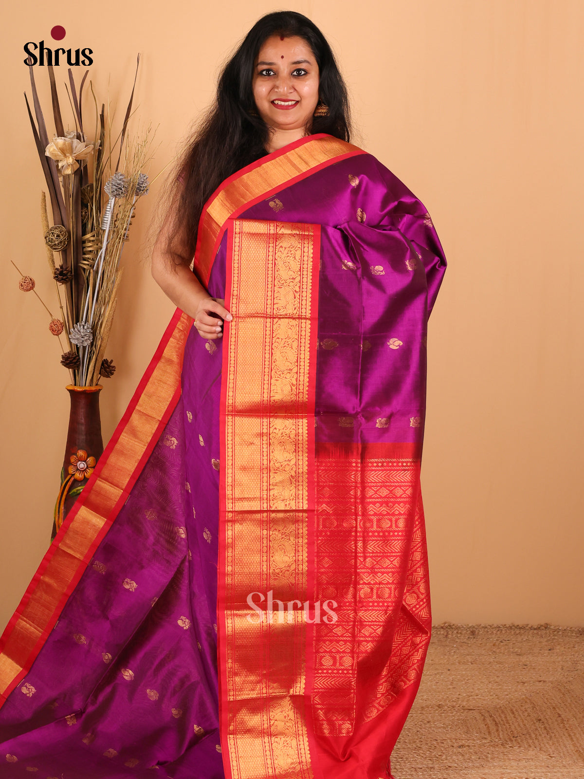 Vibrant Purple And Red Silk Cotton Saree With Zari Woven Leaf And Peacock Buttas - Shop on Shrus.com