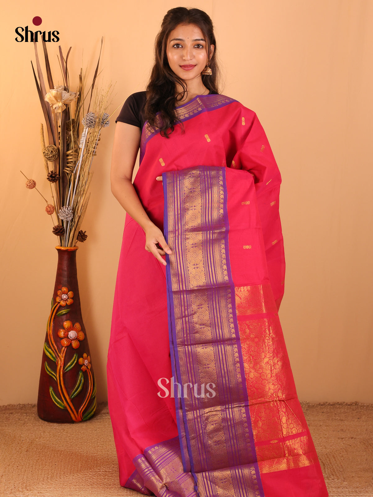 Ruby Pink with Violet - Chettinad saree-DDS05058 - Shop on Shrus.com