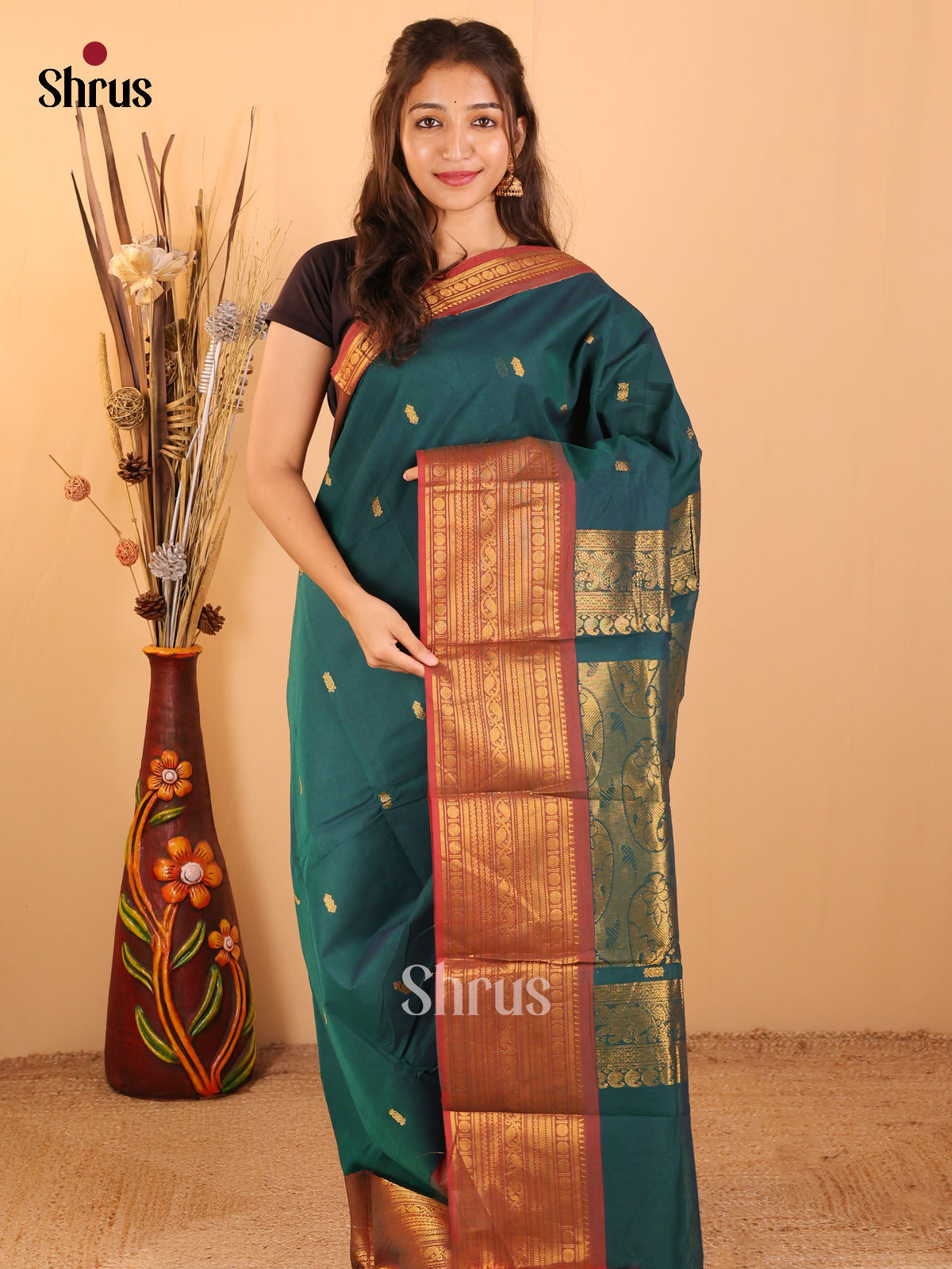 peacock green with Maroon - Chettinad saree-DDS05064 - Shop on Shrus.com