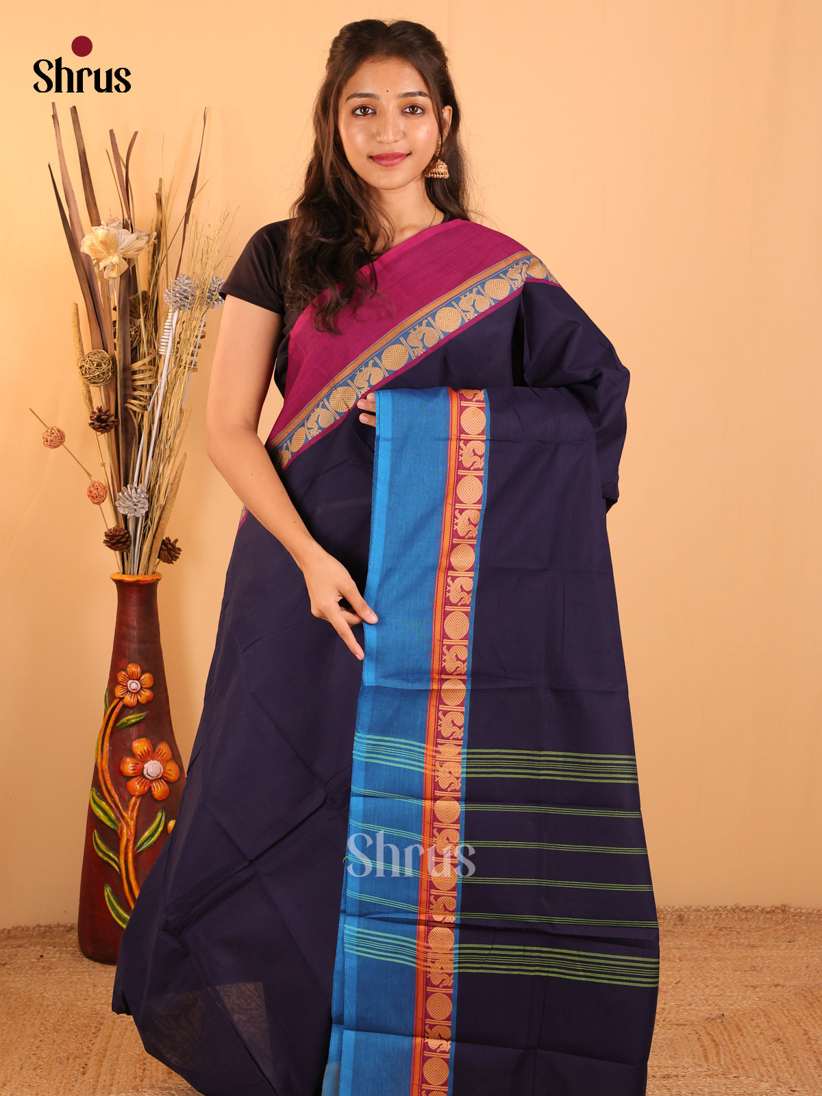 Navy blue with Purple & Rama blue-Chettinad saree -DDS05072 - Shop on Shrus.com