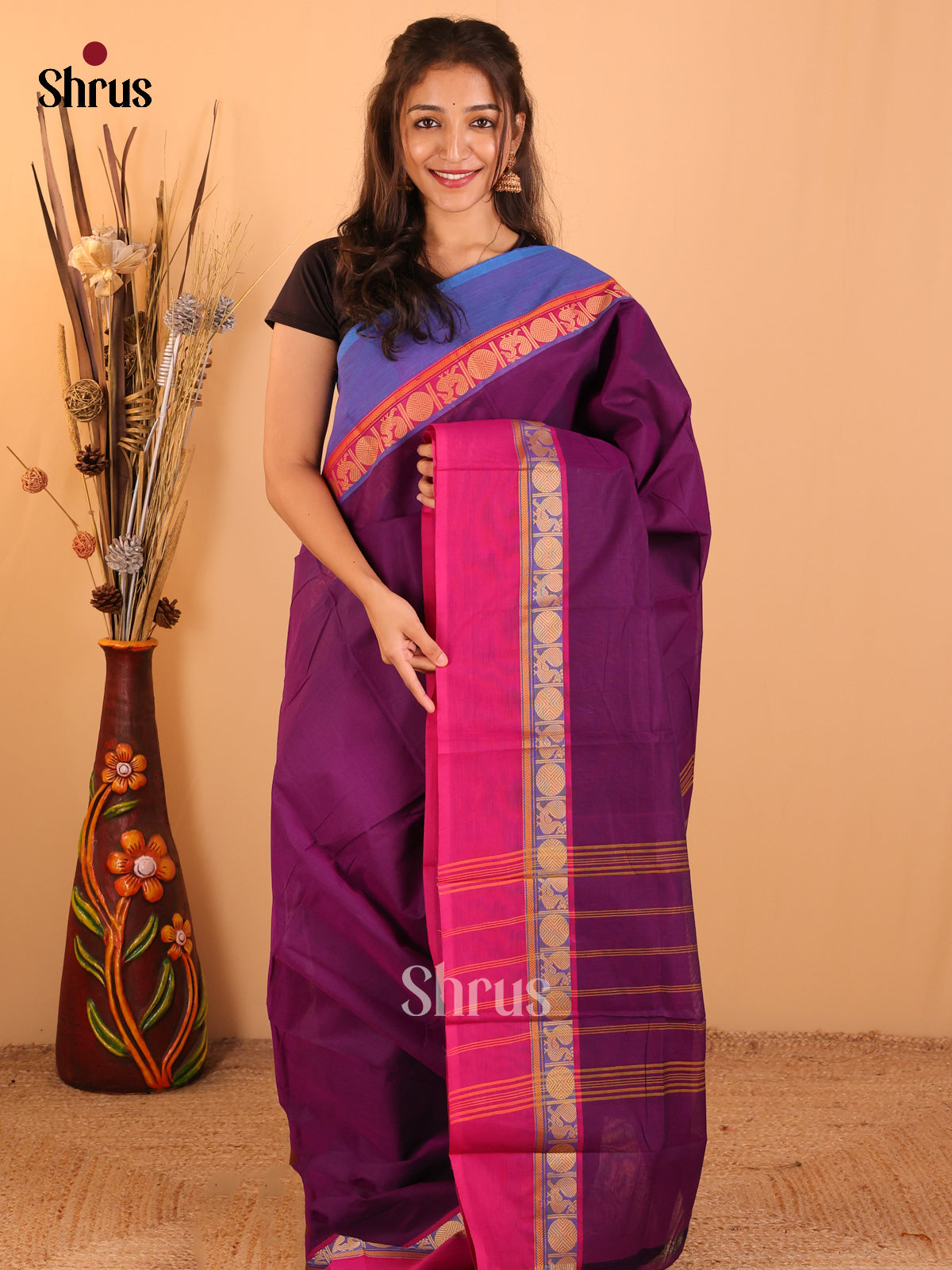 Violet with pink & blue-Chettinad saree -DDS05073 - Shop on Shrus.com