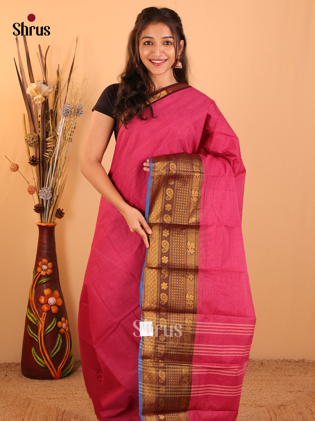 Onion Pink with Dark Brown-Chettinad saree -DDS05093 - Shop on Shrus.com