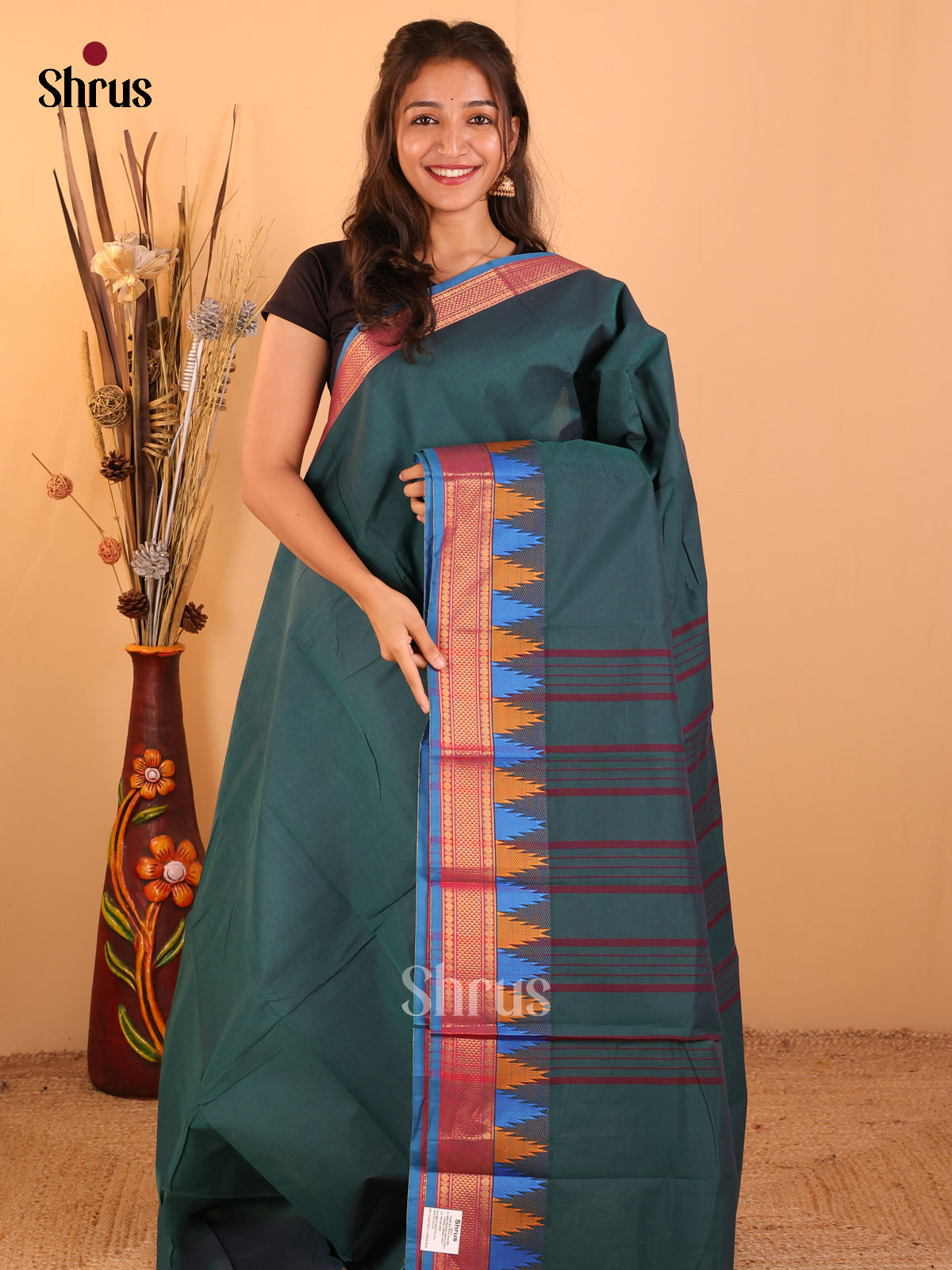 peacock green with blue-Chettinad saree -DDS05095 - Shop on Shrus.com