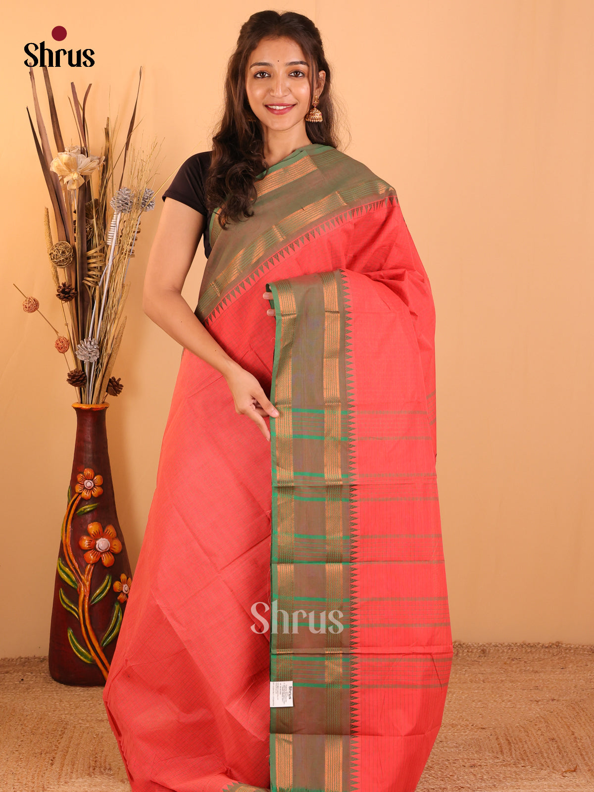 peachish pink with Green-Chettinad saree -DDS05108 - Shop on Shrus.com