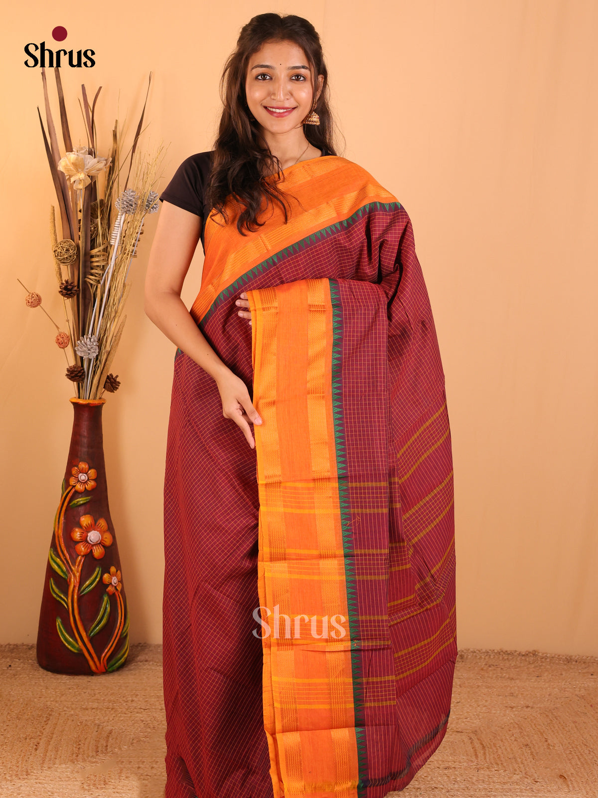 Dark Maroon with Orange-Chettinad saree -DDS05109 - Shop on Shrus.com