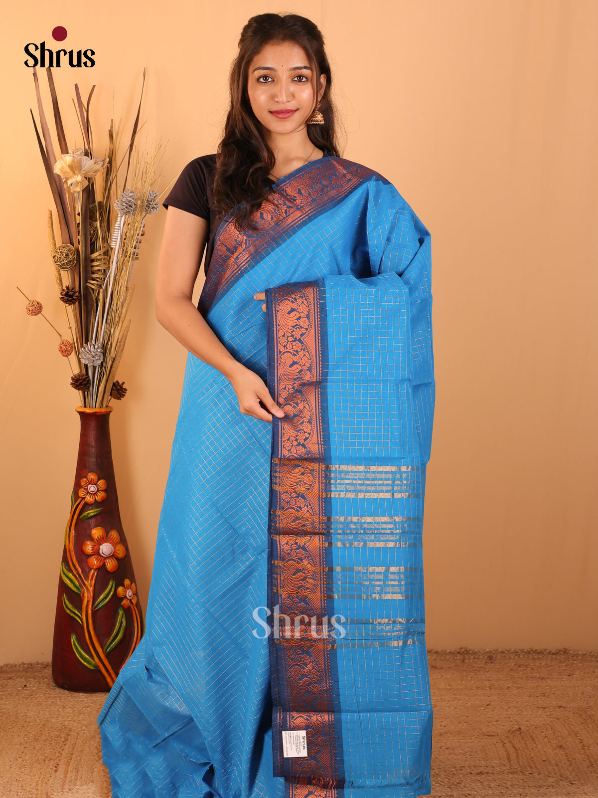 Rama Blue with Peacock Blue-Chettinad saree -DDS05113 - Shop on Shrus.com