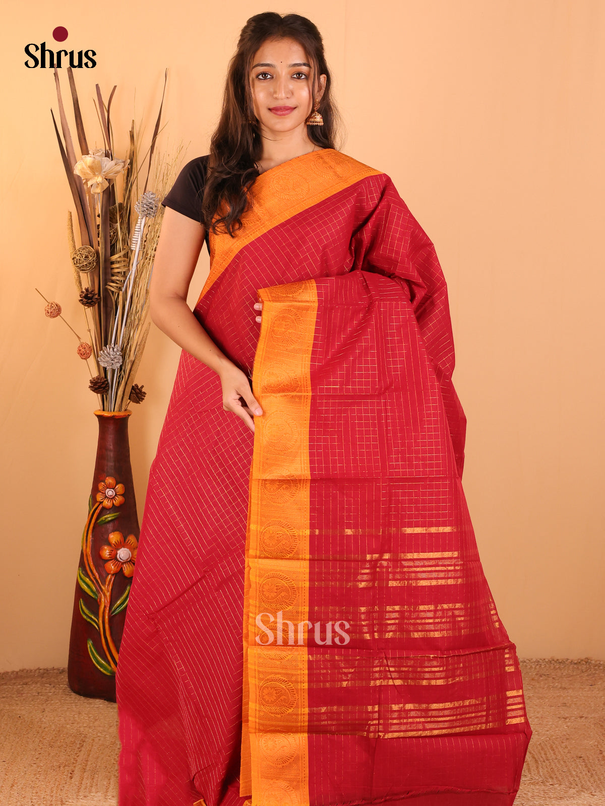 Maroon with Mustrad yellow-Chettinad saree -DDS05114 - Shop on Shrus.com