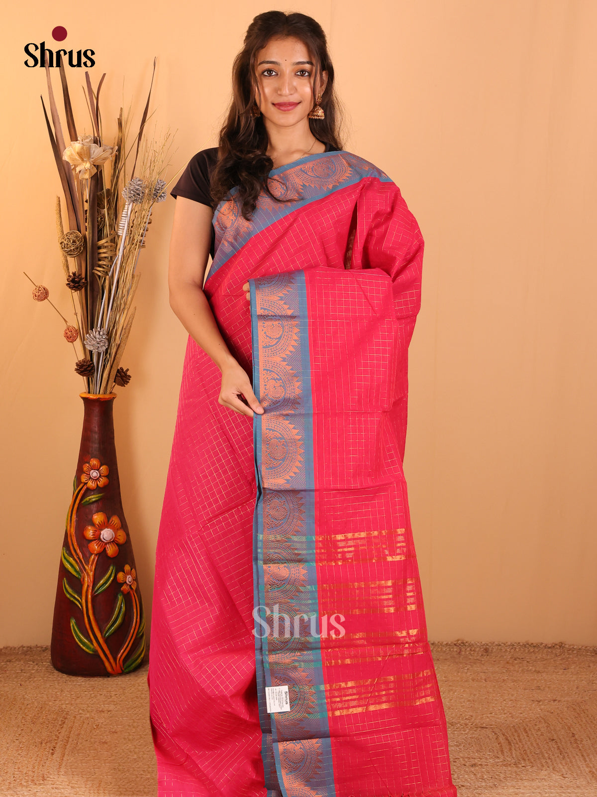 Rani paink with peacock Blue-Chettinad saree -DDS05118 - Shop on Shrus.com