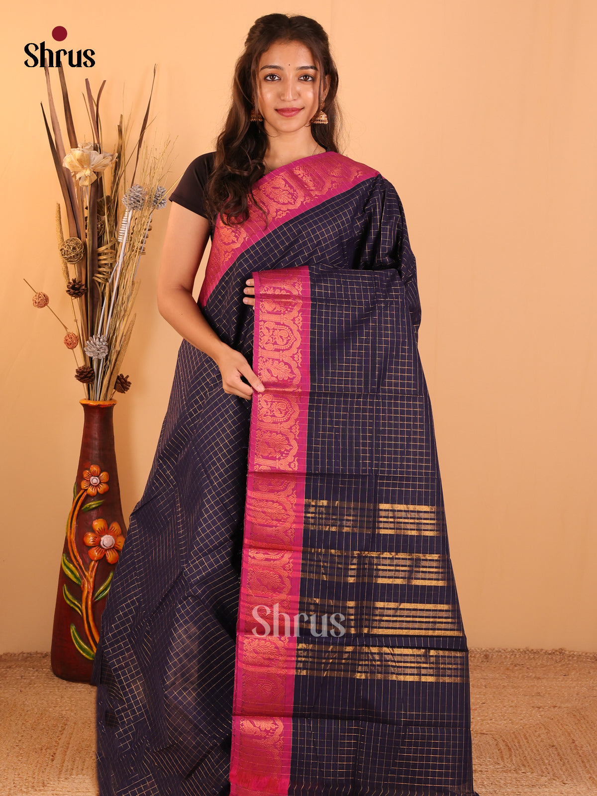 Navy Blue with Magenta pink-Chettinad saree -DDS05122 - Shop on Shrus.com