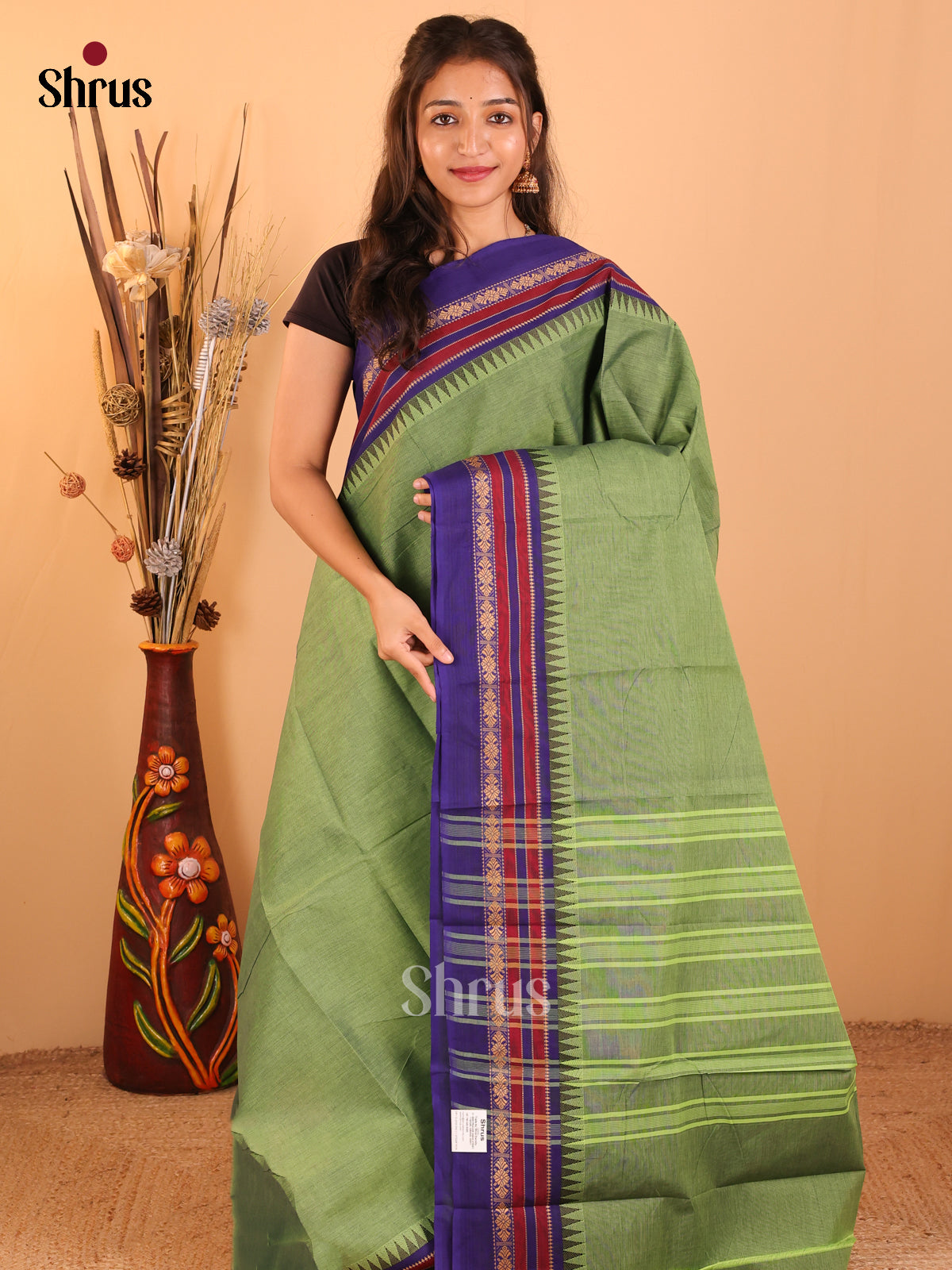 Leaf green with Royal Blue-Chettinad saree -DDS05133 - Shop on Shrus.com