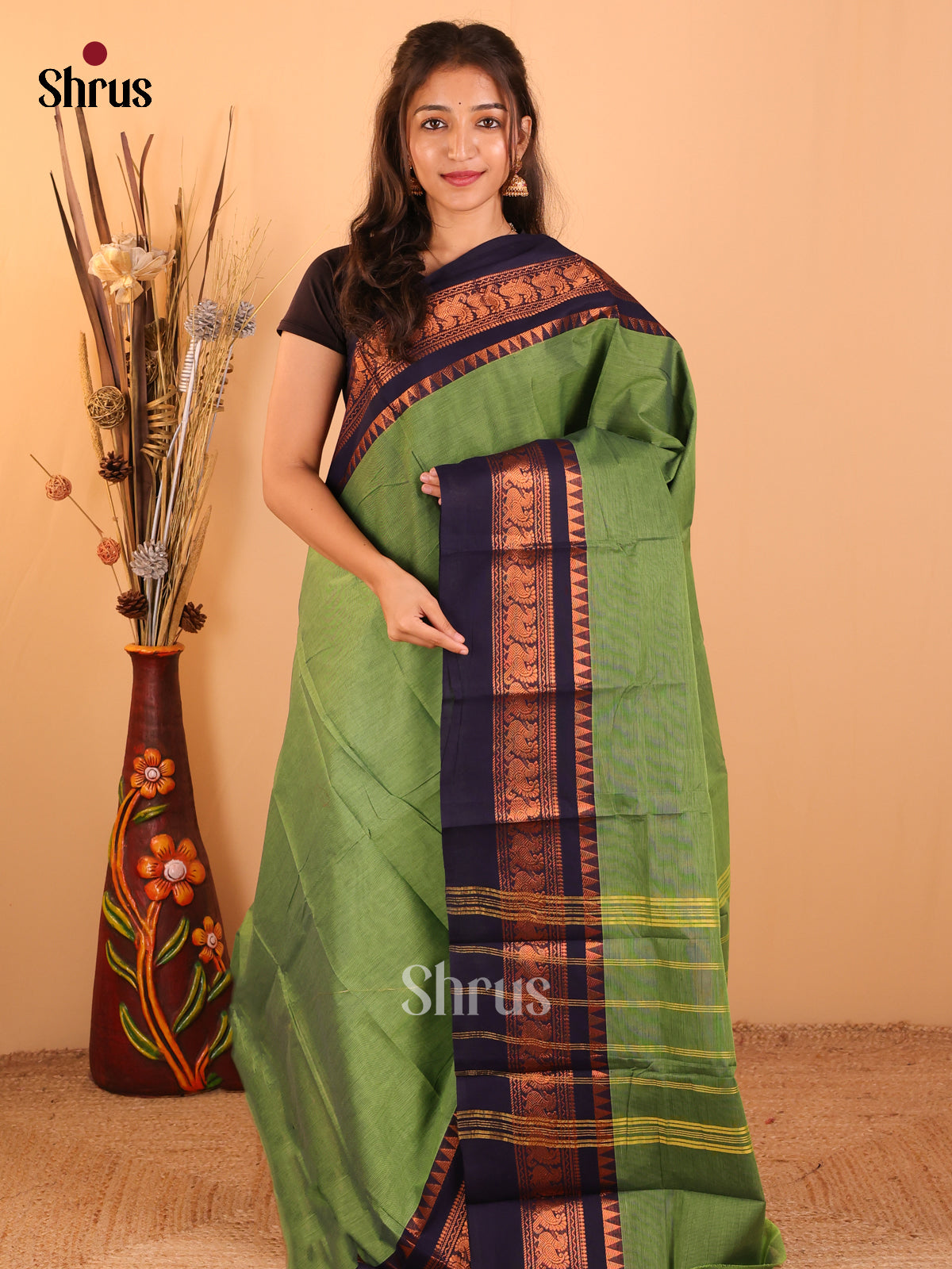 Green with Dark Navy blue-Chettinad saree -DDS05142 - Shop on Shrus.com