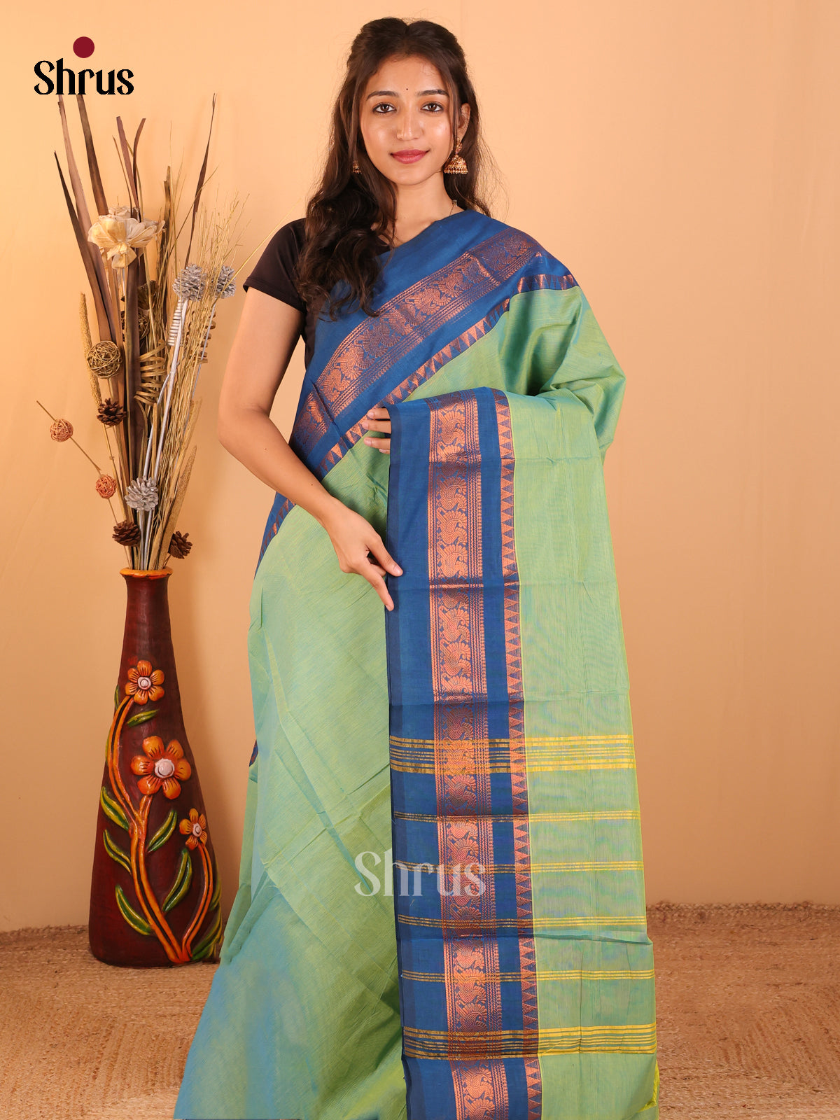 Green with Rama blue-Chettinad saree -DDS05147 - Shop on Shrus.com