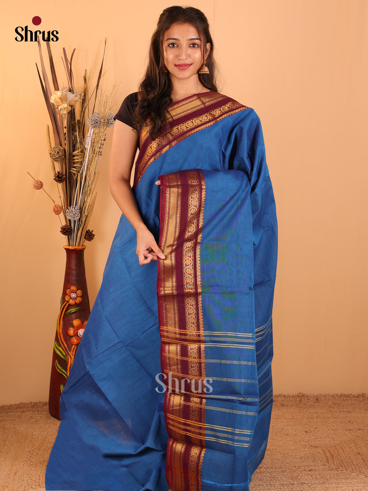 Rama Blue with Maroon-Chettinad saree -DDS05159 - Shop on Shrus.com