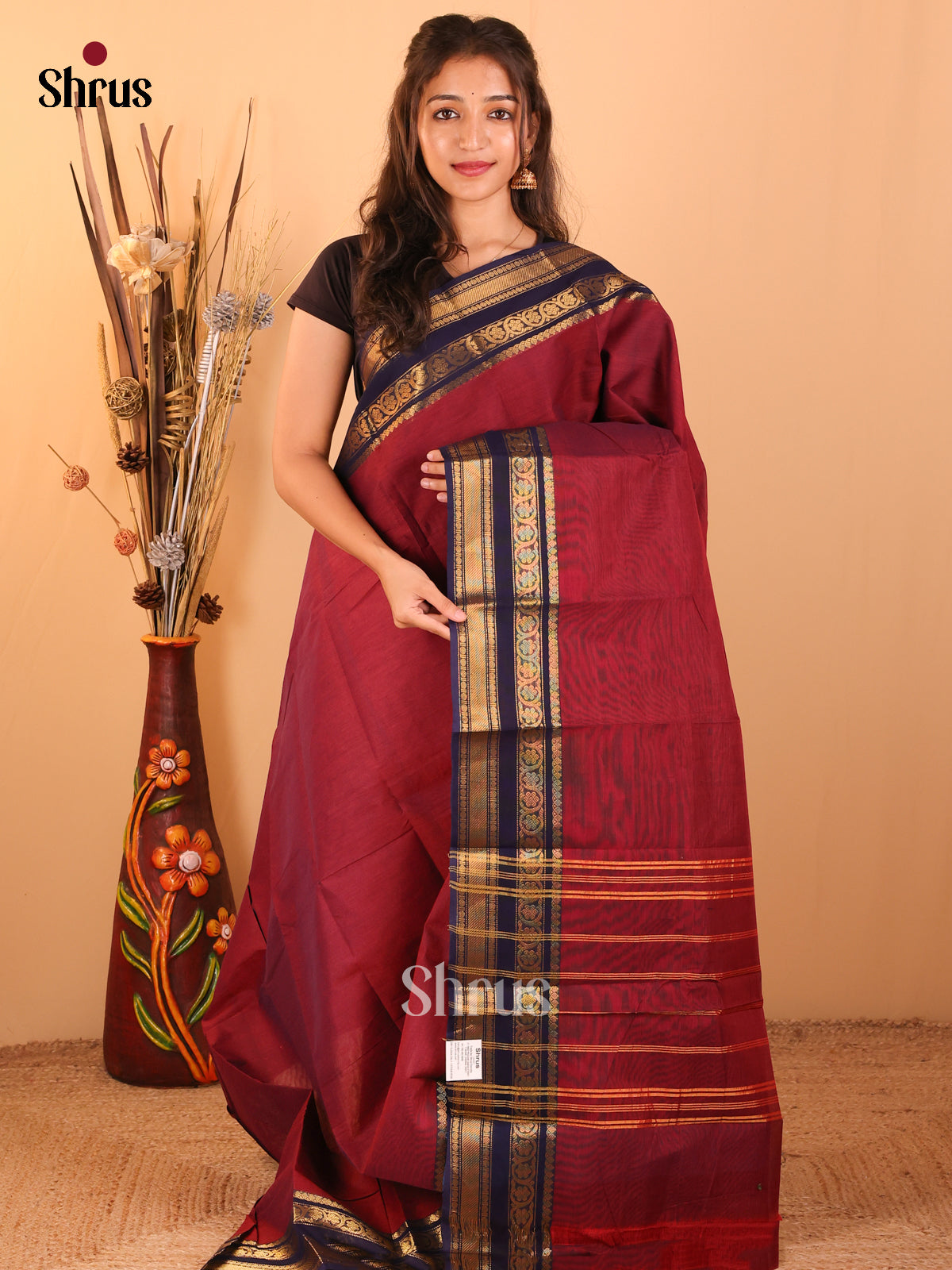 Maroon with Navy Blue-Chettinad saree -DDS05160 - Shop on Shrus.com