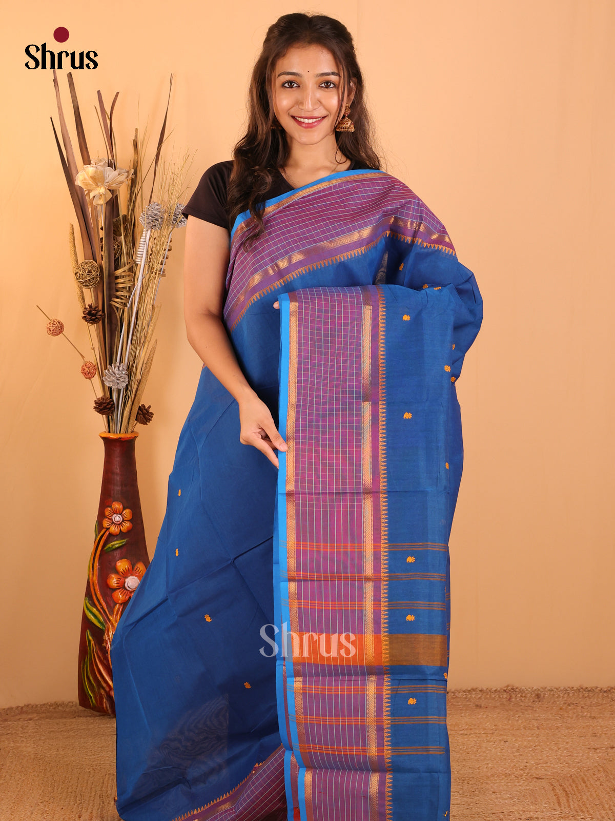 Blue with purple - Chettinad saree-DDS05187 - Shop on Shrus.com