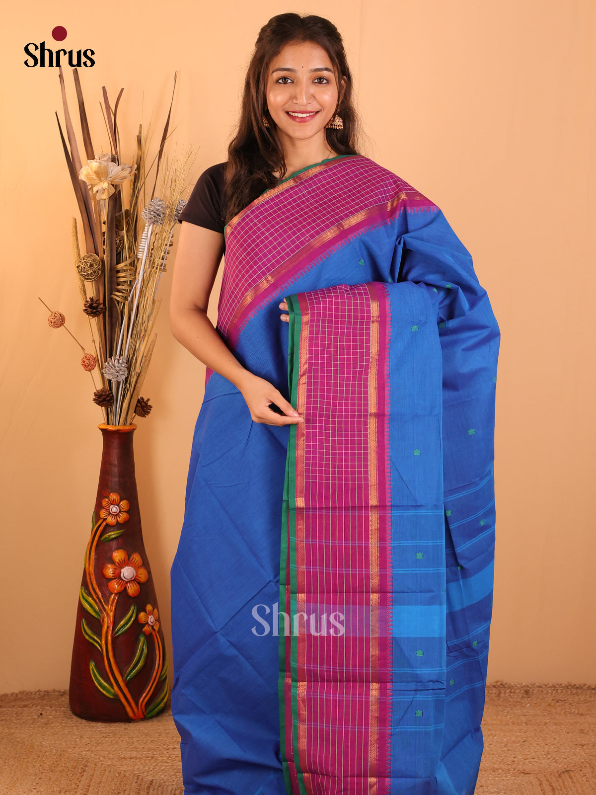 Rama Blue with purple - Chettinad saree-DDS05191 - Shop on Shrus.com