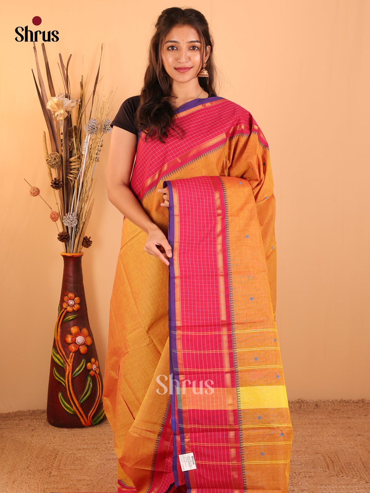 Mustard with Pink - Chettinad saree-DDS05196 - Shop on Shrus.com