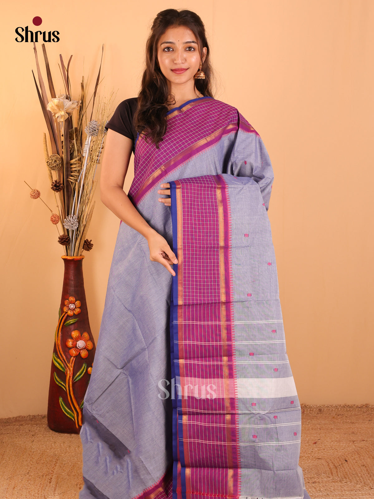 Grey with Royal Blue - Chettinad saree-DDS05197 - Shop on Shrus.com