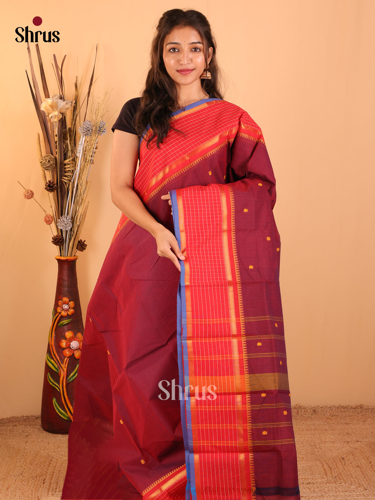 Maroon with Red - Chettinad saree-DDS05198 - Shop on Shrus.com