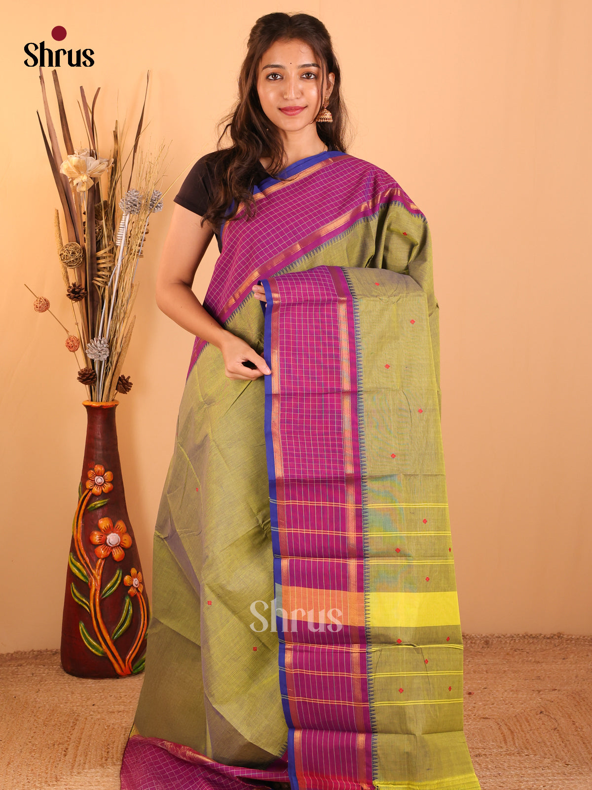 Olive green with purple - Chettinad saree-DDS05200 - Shop on Shrus.com