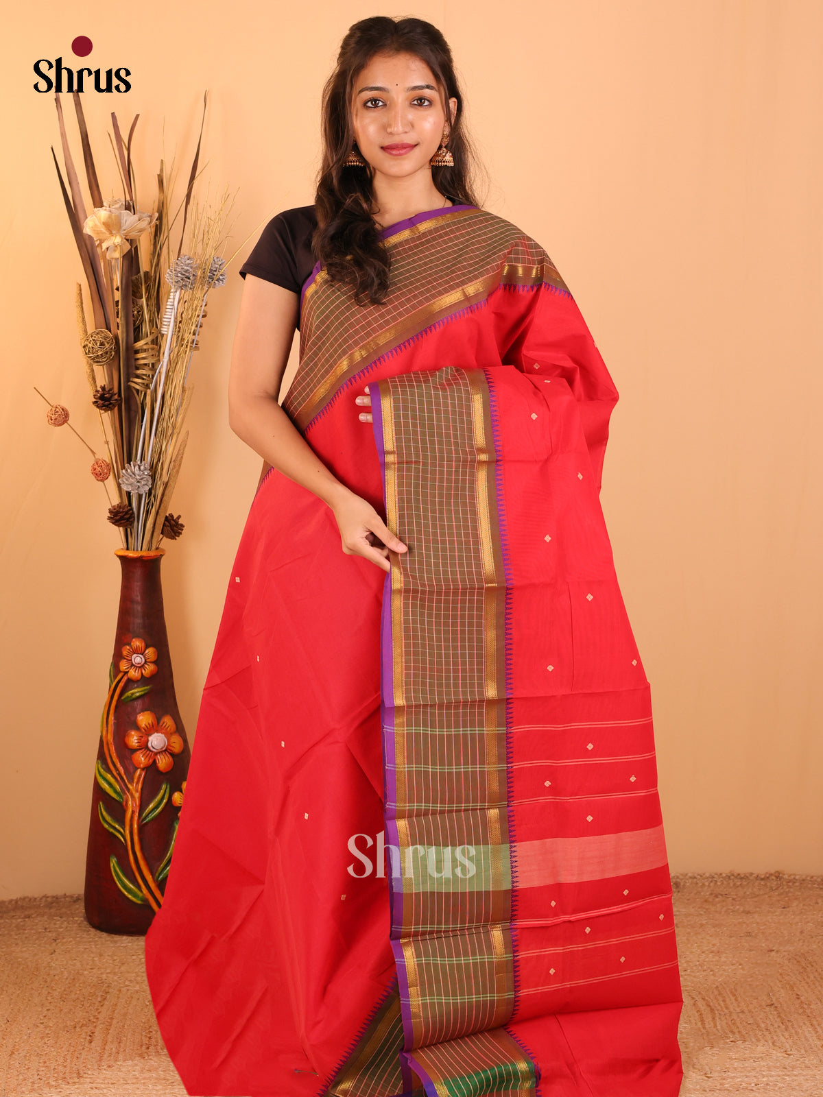 Red with Green - Chettinad saree-DDS05201 - Shop on Shrus.com