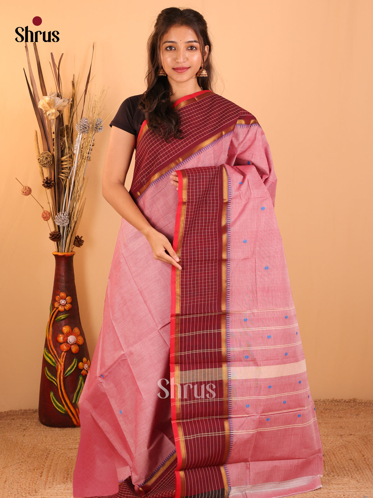Onion pink with Maroon - Chettinad saree-DDS05202 - Shop on Shrus.com