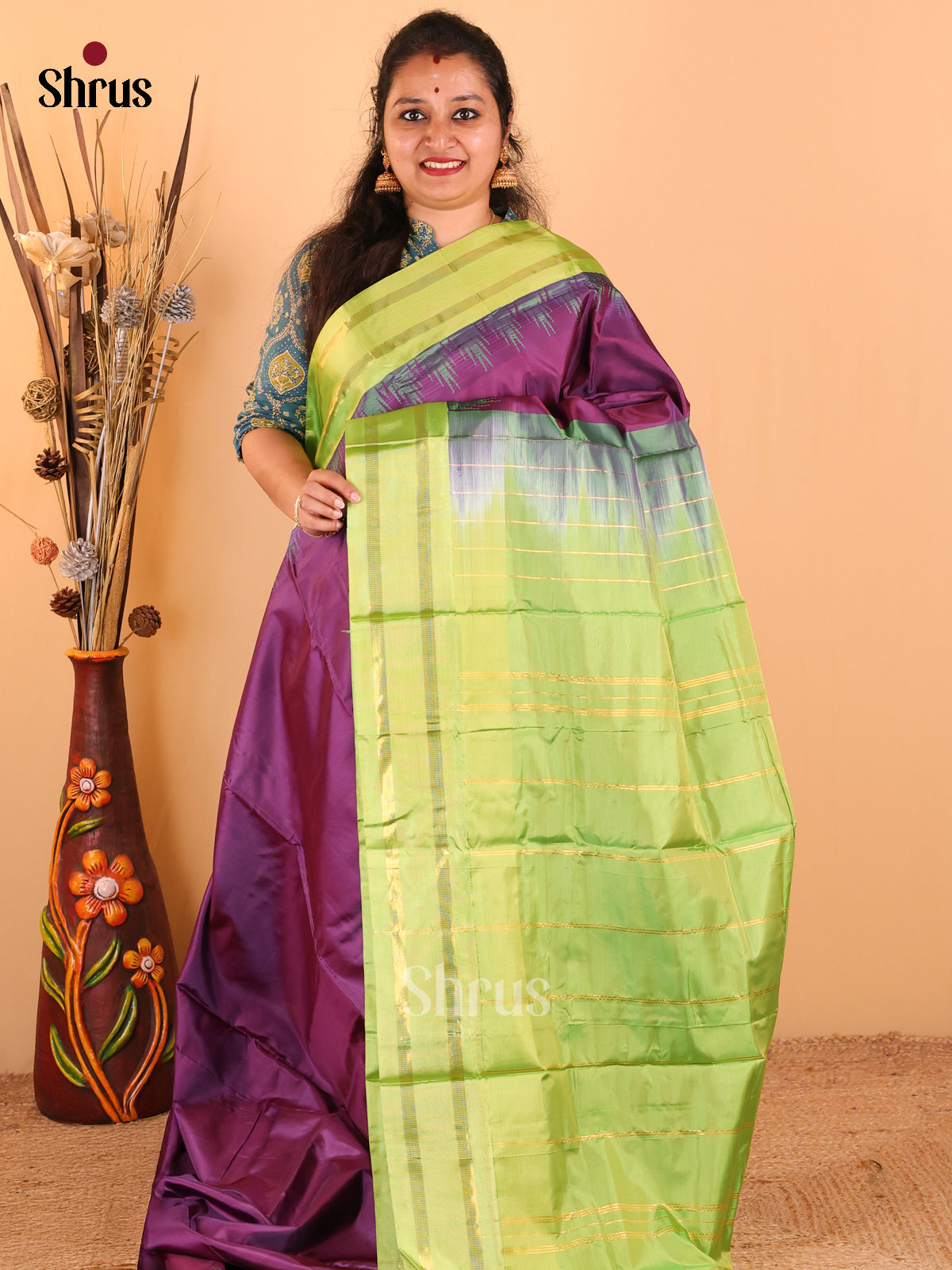Purple With Green- Banana Pith Saree - Shop on Shrus.com