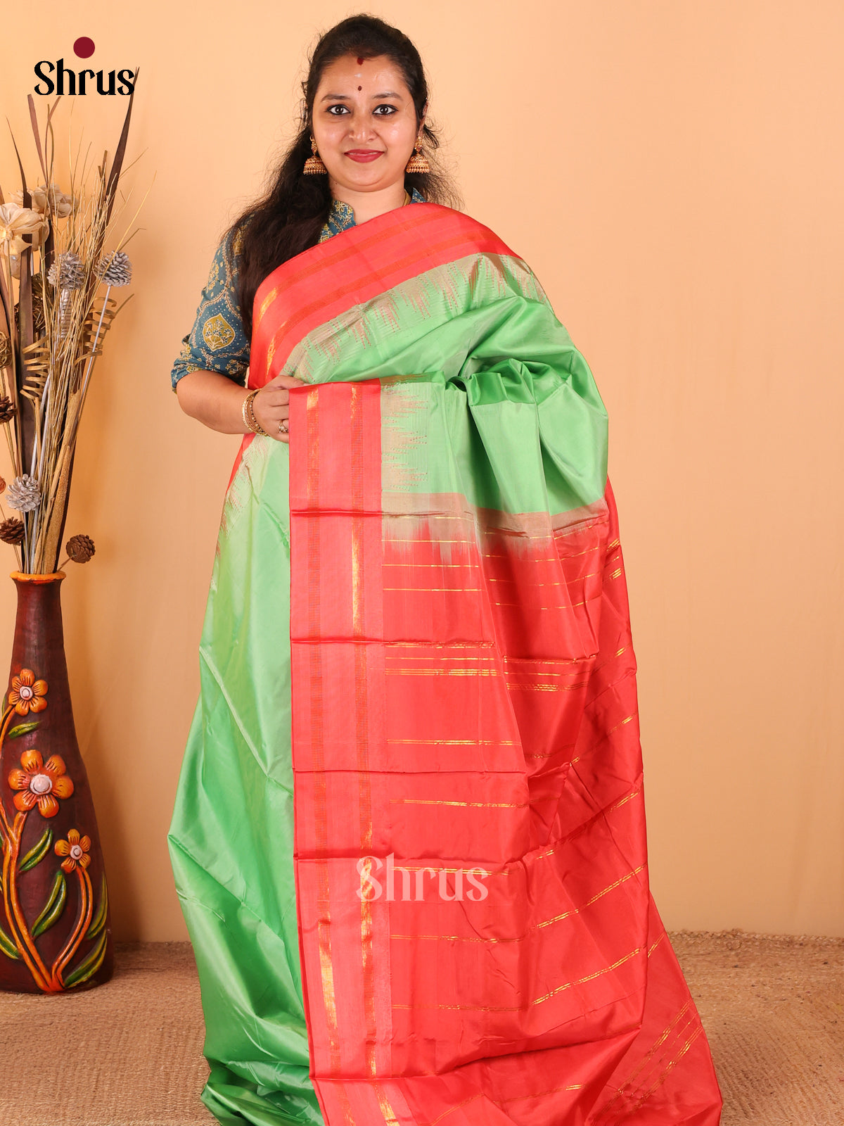 Green with Orange - Banana Pith Saree - Shop on Shrus.com